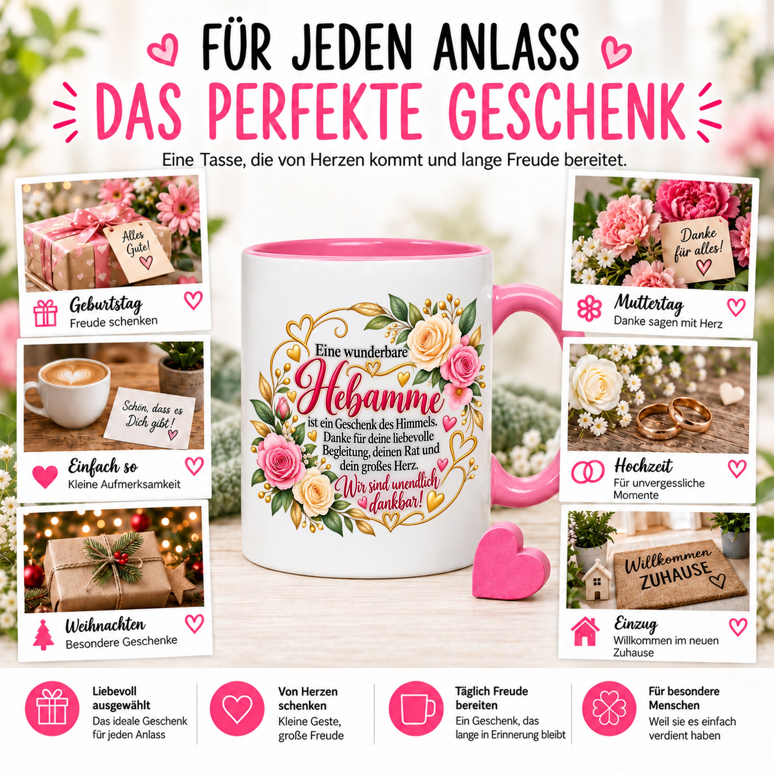 Herzbotschaft Tasse Hebamme – Geschenk des Himmels – Dankeschön Geschenk