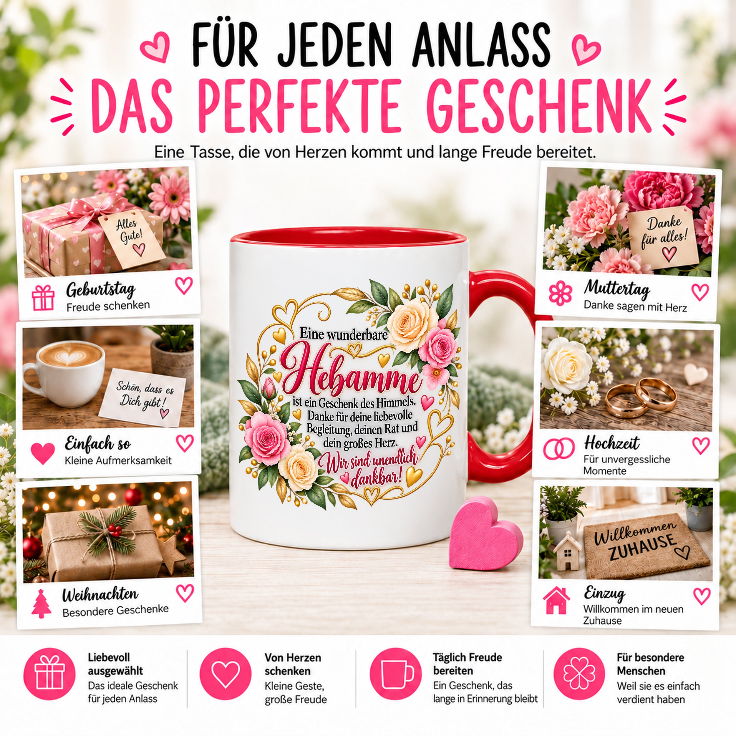 Herzbotschaft Tasse Hebamme – Geschenk des Himmels – Dankeschön Geschenk