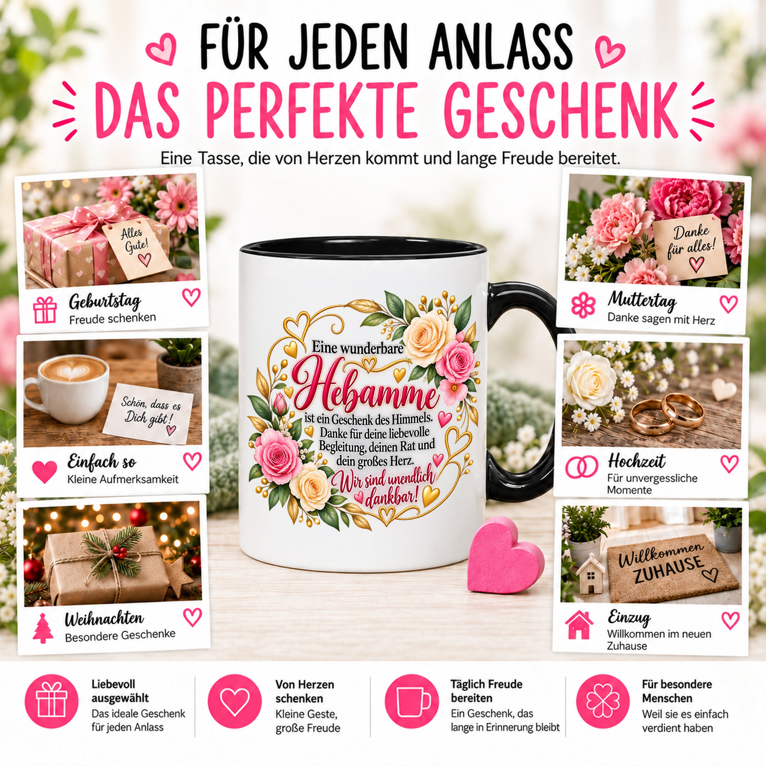 Herzbotschaft Tasse Hebamme – Geschenk des Himmels – Dankeschön Geschenk
