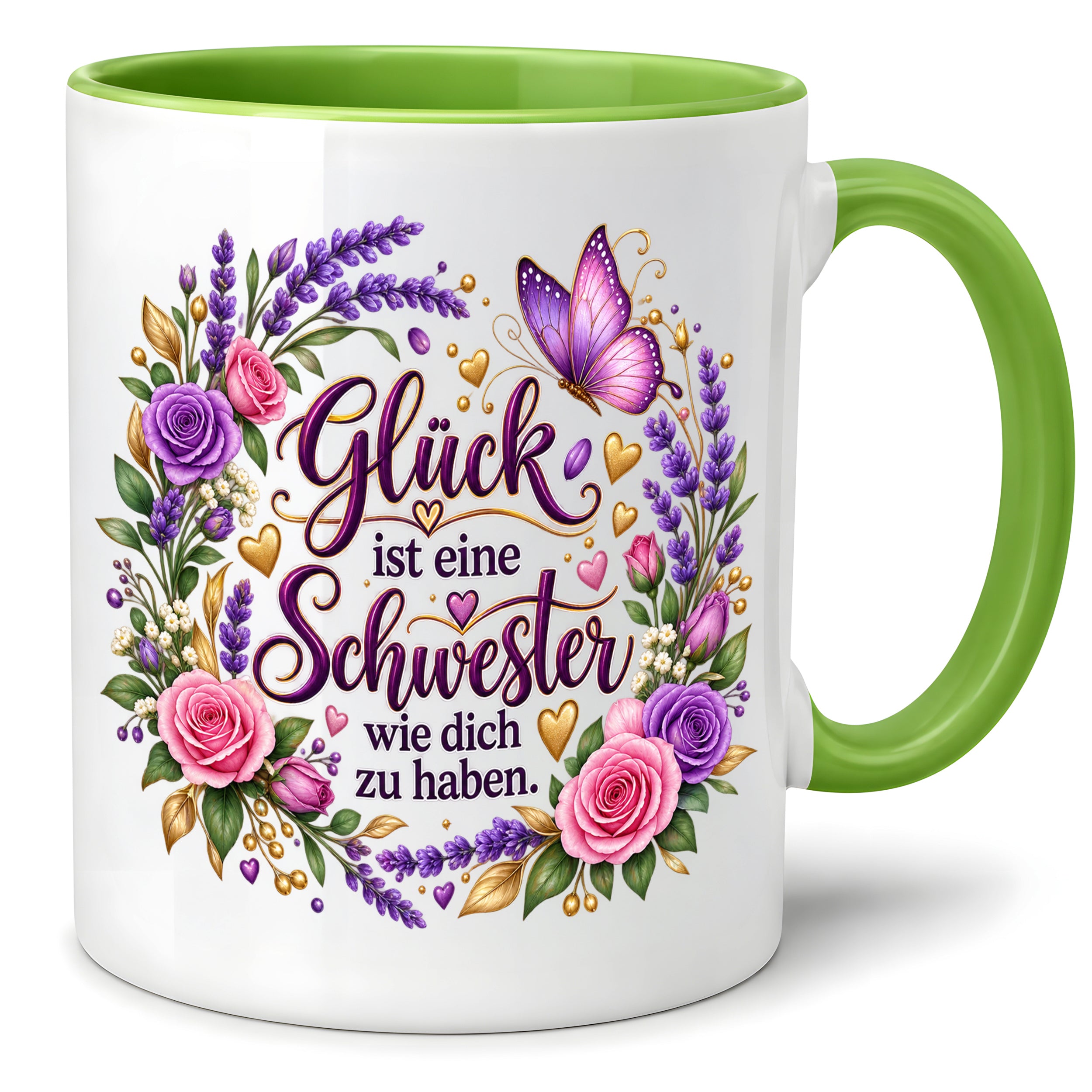 Herzbotschaft Tasse für Schwester, Glück ist eine Schwester wie dich zu haben, liebevolles Schwester Geschenk mit Rosen Lavendel und Schmetterling, Geschenk für beste Schwester zum Geburtstag, Weihnachten oder einfach so, 330 ml Keramiktasse