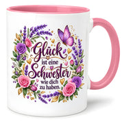 Herzbotschaft Tasse für Schwester, Glück ist eine Schwester wie dich zu haben, liebevolles Schwester Geschenk mit Rosen Lavendel und Schmetterling, Geschenk für beste Schwester zum Geburtstag, Weihnachten oder einfach so, 330 ml Keramiktasse