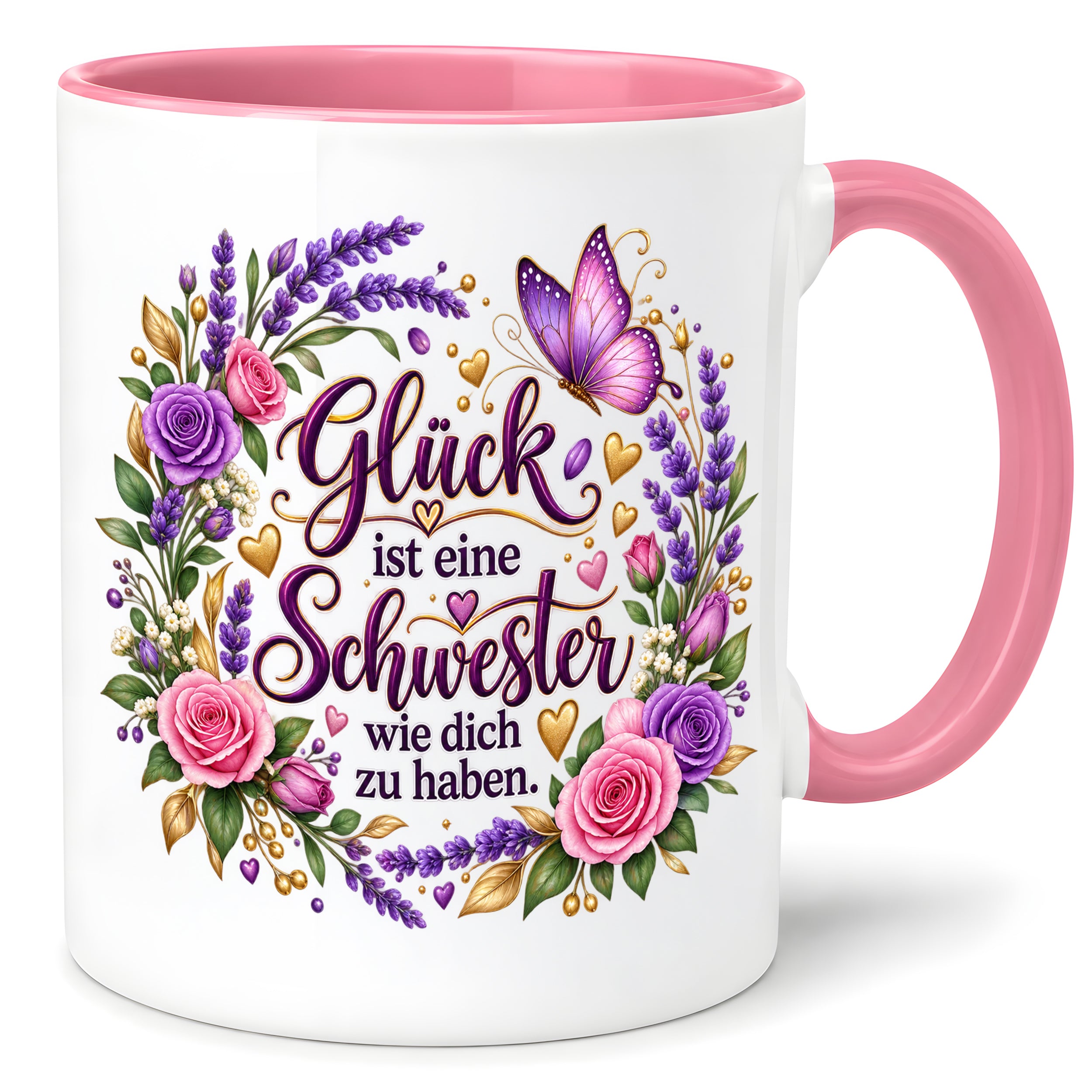 Herzbotschaft Tasse für Schwester, Glück ist eine Schwester wie dich zu haben, liebevolles Schwester Geschenk mit Rosen Lavendel und Schmetterling, Geschenk für beste Schwester zum Geburtstag, Weihnachten oder einfach so, 330 ml Keramiktasse