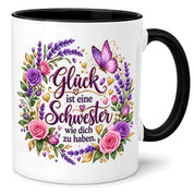 Herzbotschaft Tasse für Schwester, Glück ist eine Schwester wie dich zu haben, liebevolles Schwester Geschenk mit Rosen Lavendel und Schmetterling, Geschenk für beste Schwester zum Geburtstag, Weihnachten oder einfach so, 330 ml Keramiktasse