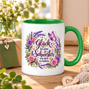 Herzbotschaft Tasse für Schwester, Glück ist eine Schwester wie dich zu haben, liebevolles Schwester Geschenk mit Rosen Lavendel und Schmetterling, Geschenk für beste Schwester zum Geburtstag, Weihnachten oder einfach so, 330 ml Keramiktasse