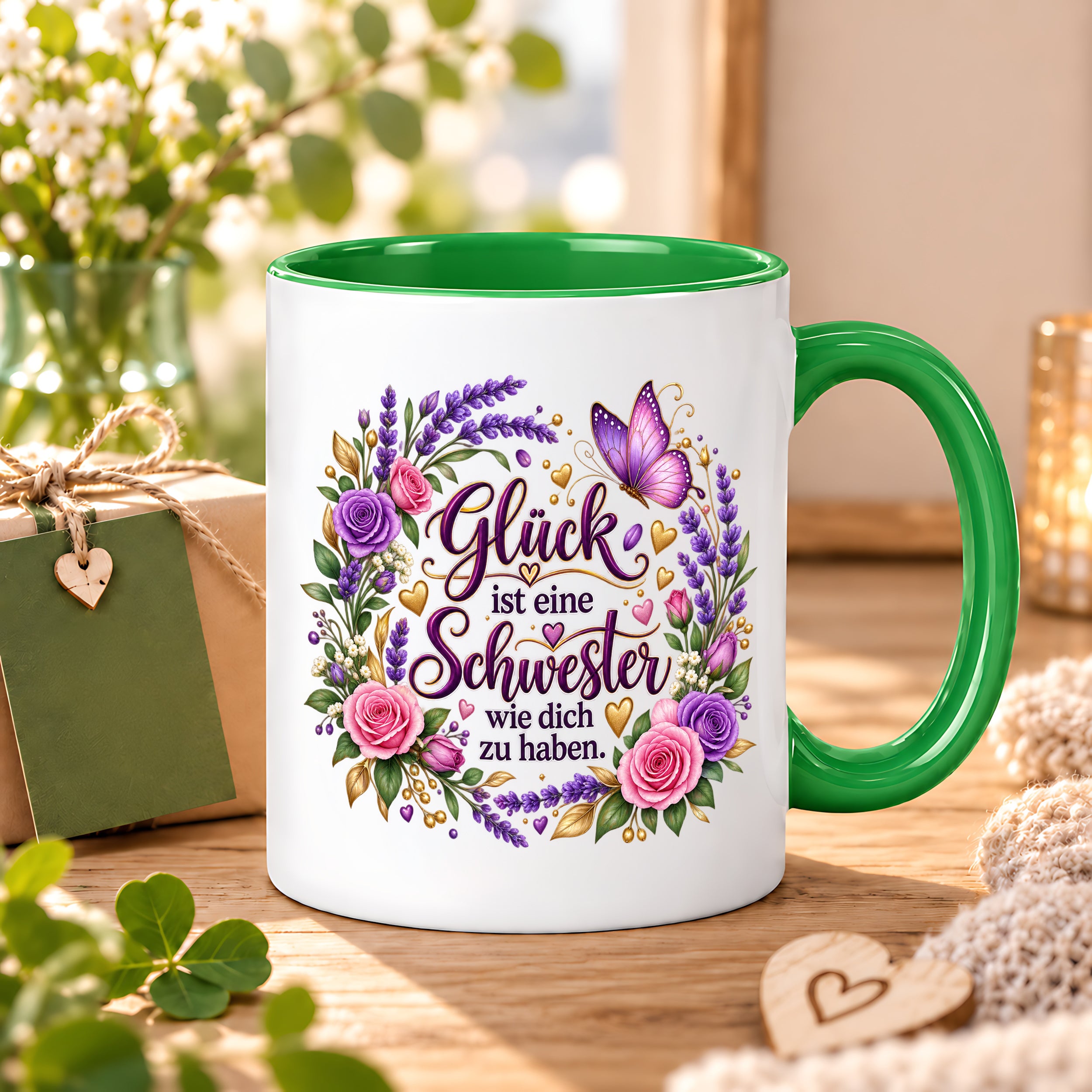Herzbotschaft Tasse für Schwester, Glück ist eine Schwester wie dich zu haben, liebevolles Schwester Geschenk mit Rosen Lavendel und Schmetterling, Geschenk für beste Schwester zum Geburtstag, Weihnachten oder einfach so, 330 ml Keramiktasse