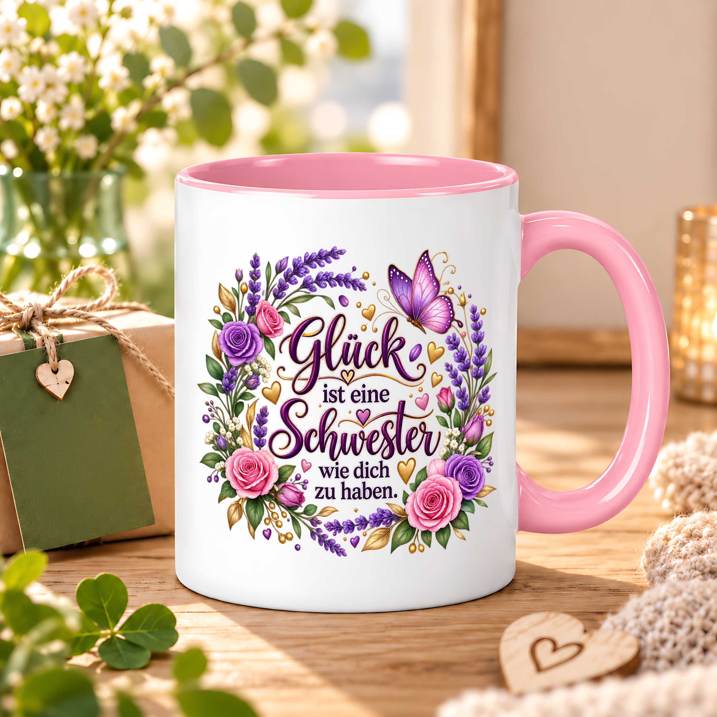 Herzbotschaft Tasse für Schwester, Glück ist eine Schwester wie dich zu haben, liebevolles Schwester Geschenk mit Rosen Lavendel und Schmetterling, Geschenk für beste Schwester zum Geburtstag, Weihnachten oder einfach so, 330 ml Keramiktasse