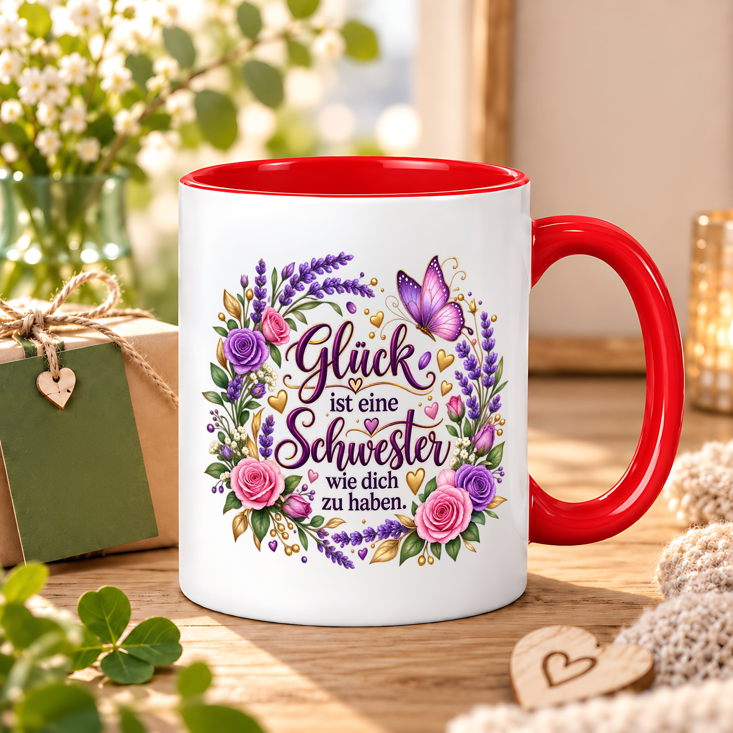 Herzbotschaft Tasse für Schwester, Glück ist eine Schwester wie dich zu haben, liebevolles Schwester Geschenk mit Rosen Lavendel und Schmetterling, Geschenk für beste Schwester zum Geburtstag, Weihnachten oder einfach so, 330 ml Keramiktasse