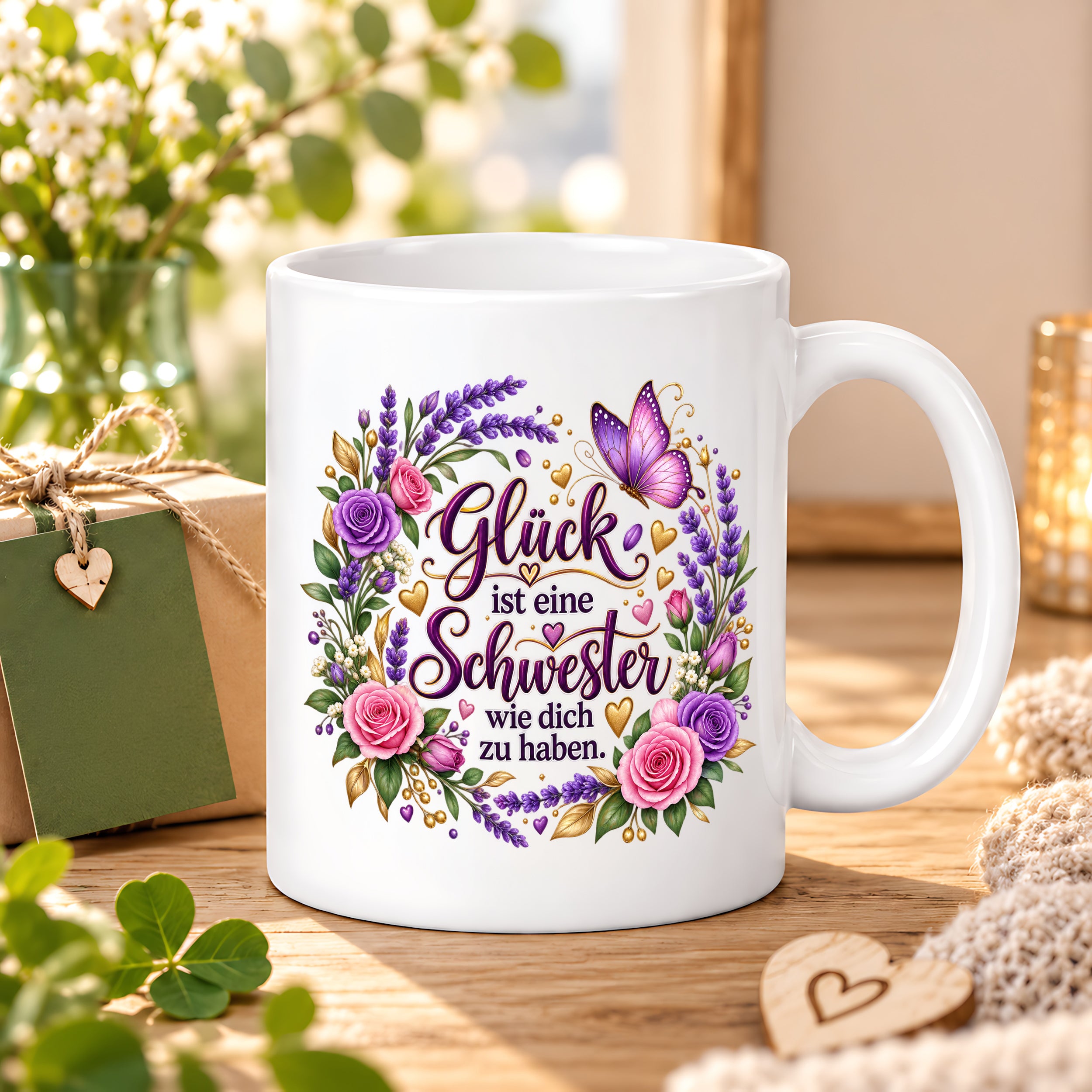Herzbotschaft Tasse für Schwester, Glück ist eine Schwester wie dich zu haben, liebevolles Schwester Geschenk mit Rosen Lavendel und Schmetterling, Geschenk für beste Schwester zum Geburtstag, Weihnachten oder einfach so, 330 ml Keramiktasse