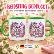 Herzbotschaft Tasse für Schwester, Glück ist eine Schwester wie dich zu haben, liebevolles Schwester Geschenk mit Rosen Lavendel und Schmetterling, Geschenk für beste Schwester zum Geburtstag, Weihnachten oder einfach so, 330 ml Keramiktasse
