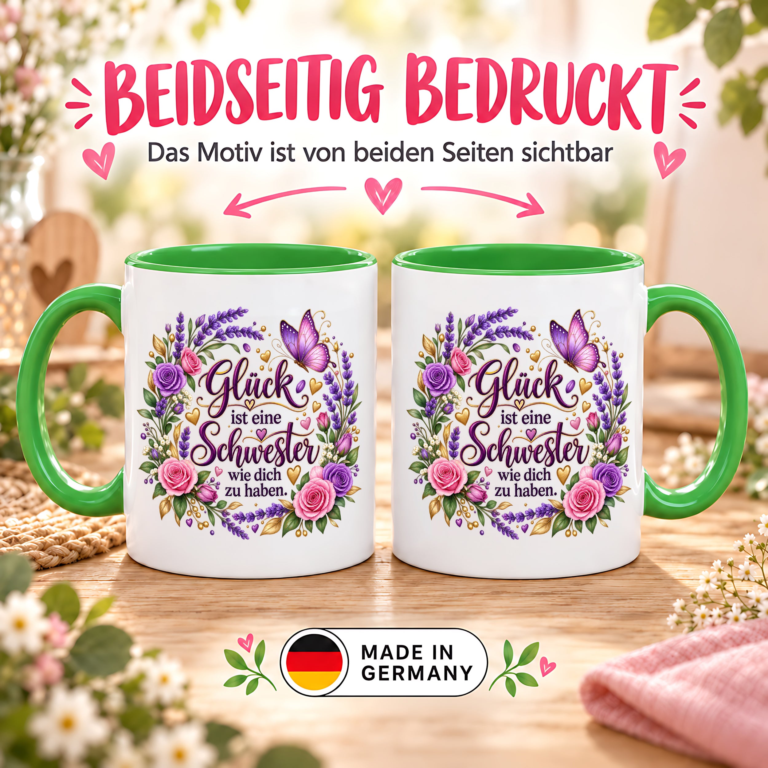 Herzbotschaft Tasse für Schwester, Glück ist eine Schwester wie dich zu haben, liebevolles Schwester Geschenk mit Rosen Lavendel und Schmetterling, Geschenk für beste Schwester zum Geburtstag, Weihnachten oder einfach so, 330 ml Keramiktasse