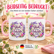 Herzbotschaft Tasse für Schwester, Glück ist eine Schwester wie dich zu haben, liebevolles Schwester Geschenk mit Rosen Lavendel und Schmetterling, Geschenk für beste Schwester zum Geburtstag, Weihnachten oder einfach so, 330 ml Keramiktasse