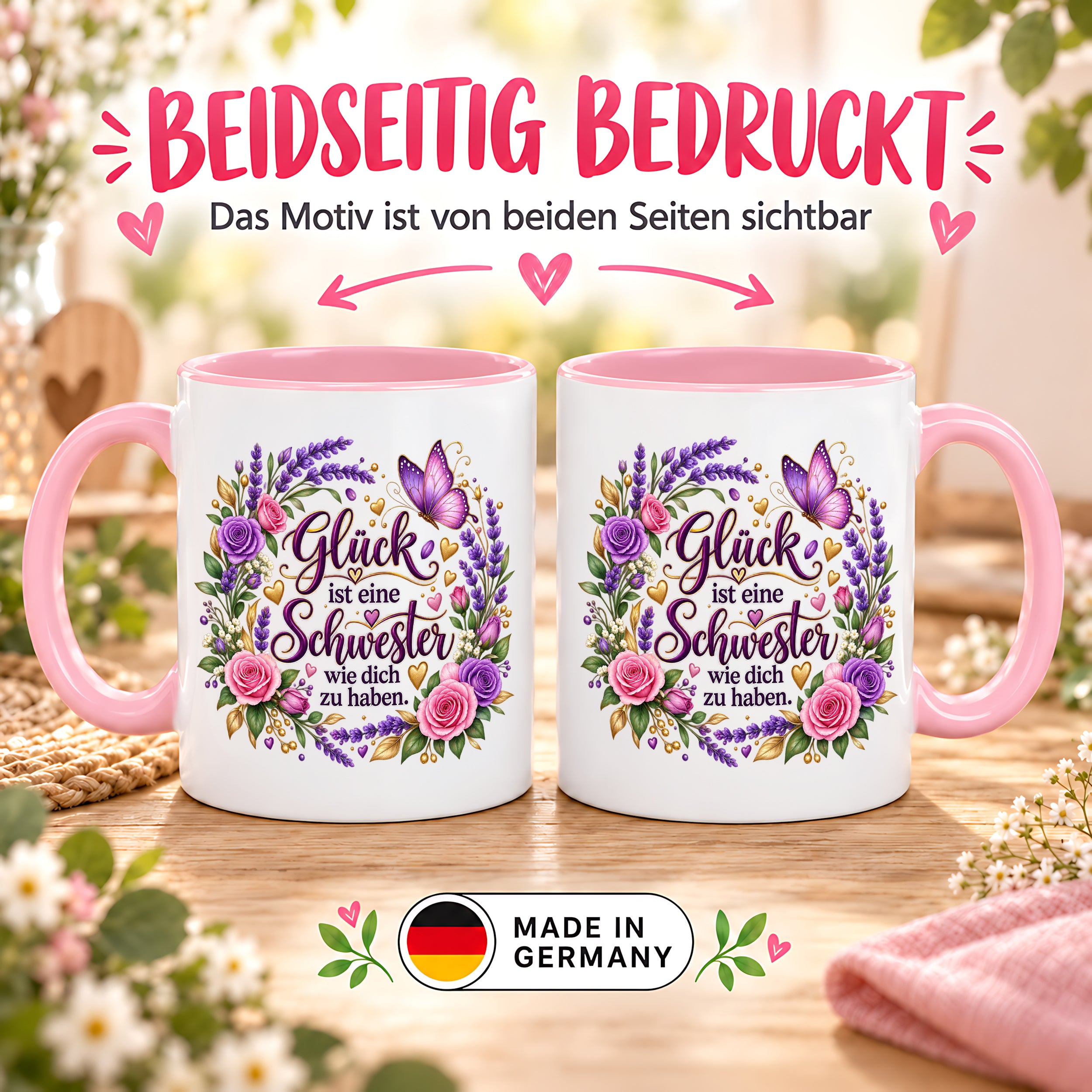 Herzbotschaft Tasse für Schwester, Glück ist eine Schwester wie dich zu haben, liebevolles Schwester Geschenk mit Rosen Lavendel und Schmetterling, Geschenk für beste Schwester zum Geburtstag, Weihnachten oder einfach so, 330 ml Keramiktasse