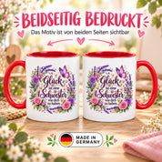 Herzbotschaft Tasse für Schwester, Glück ist eine Schwester wie dich zu haben, liebevolles Schwester Geschenk mit Rosen Lavendel und Schmetterling, Geschenk für beste Schwester zum Geburtstag, Weihnachten oder einfach so, 330 ml Keramiktasse