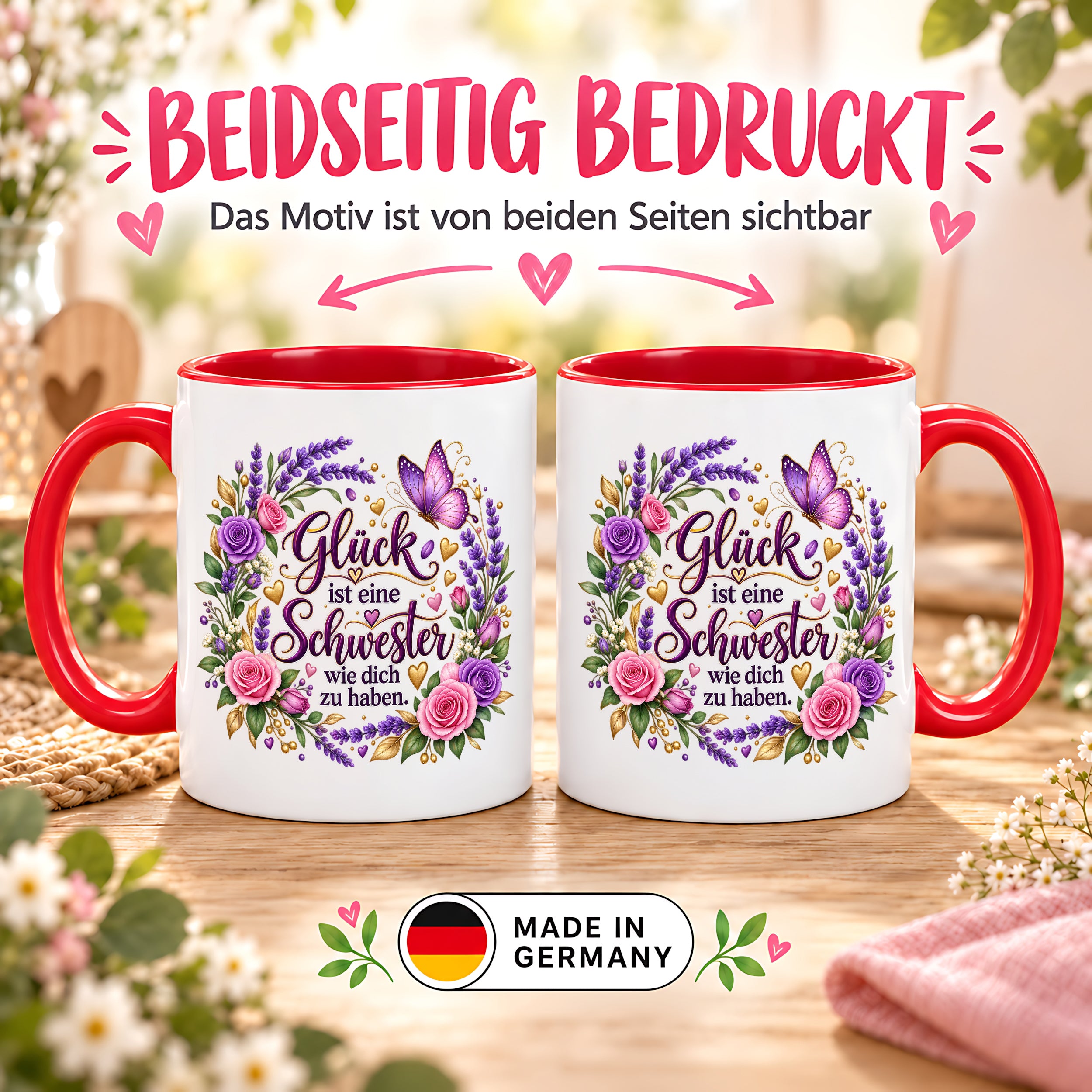Herzbotschaft Tasse für Schwester, Glück ist eine Schwester wie dich zu haben, liebevolles Schwester Geschenk mit Rosen Lavendel und Schmetterling, Geschenk für beste Schwester zum Geburtstag, Weihnachten oder einfach so, 330 ml Keramiktasse