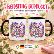 Herzbotschaft Tasse für Schwester, Glück ist eine Schwester wie dich zu haben, liebevolles Schwester Geschenk mit Rosen Lavendel und Schmetterling, Geschenk für beste Schwester zum Geburtstag, Weihnachten oder einfach so, 330 ml Keramiktasse