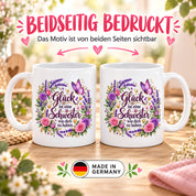 Herzbotschaft Tasse für Schwester, Glück ist eine Schwester wie dich zu haben, liebevolles Schwester Geschenk mit Rosen Lavendel und Schmetterling, Geschenk für beste Schwester zum Geburtstag, Weihnachten oder einfach so, 330 ml Keramiktasse