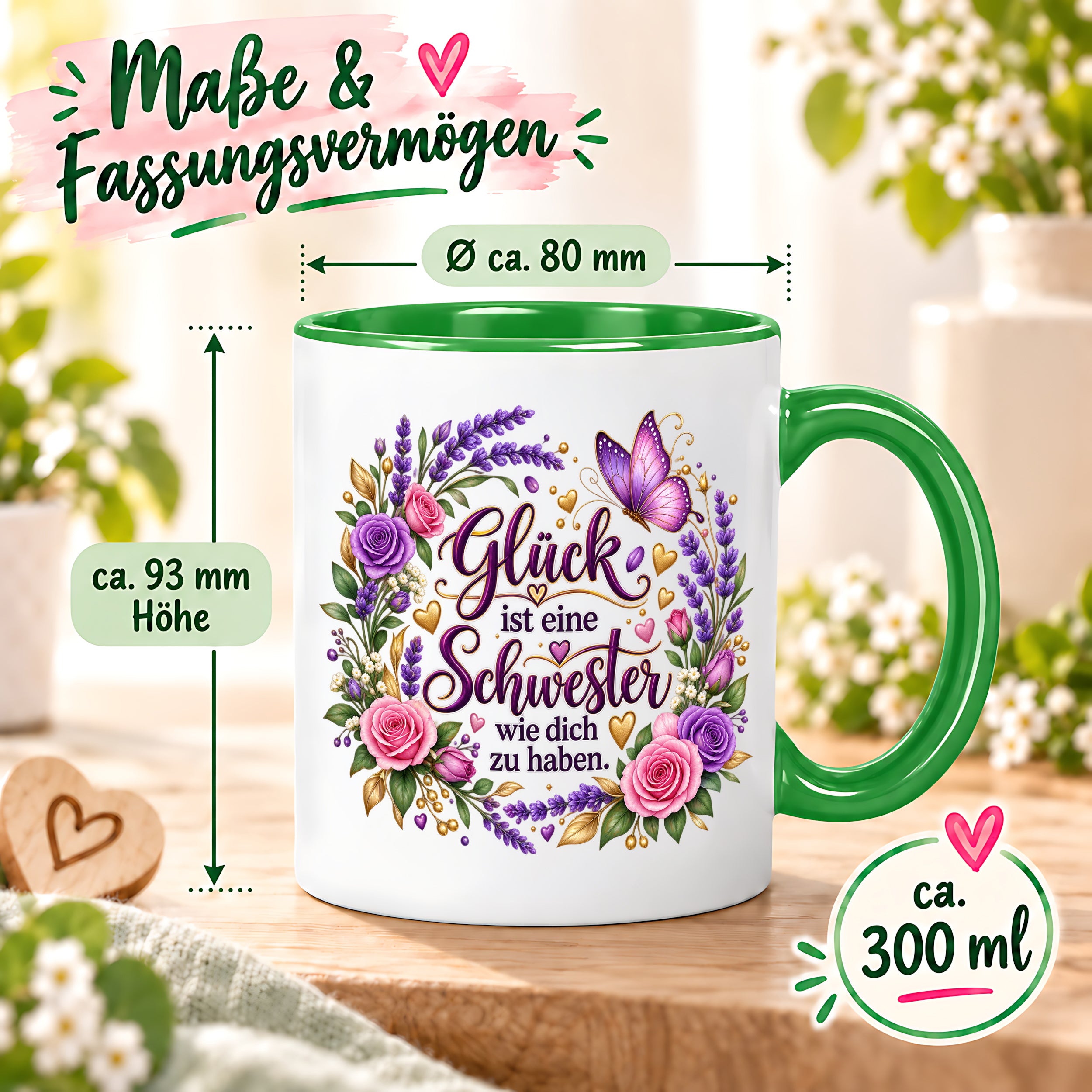 Herzbotschaft Tasse für Schwester, Glück ist eine Schwester wie dich zu haben, liebevolles Schwester Geschenk mit Rosen Lavendel und Schmetterling, Geschenk für beste Schwester zum Geburtstag, Weihnachten oder einfach so, 330 ml Keramiktasse