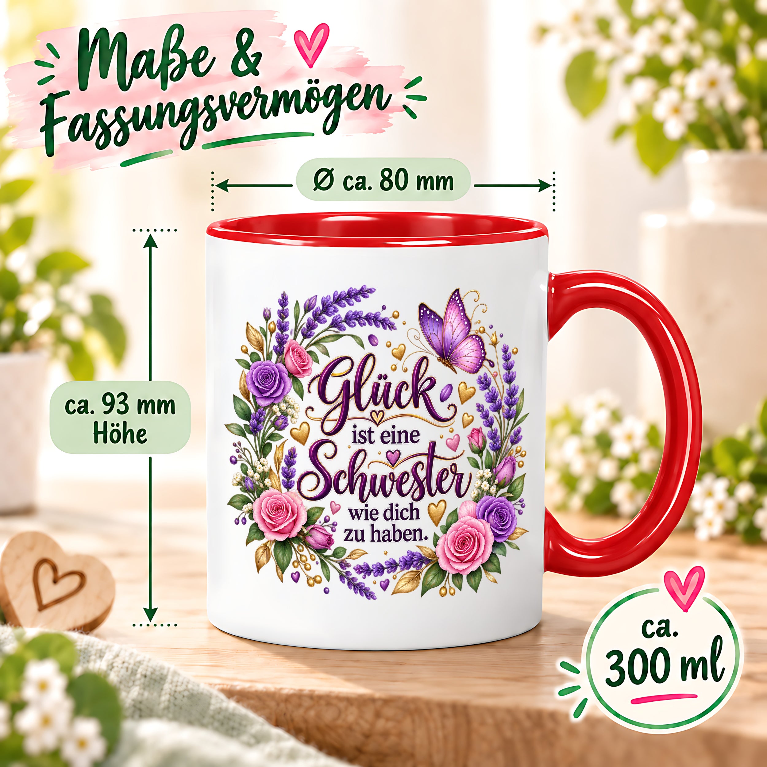 Herzbotschaft Tasse für Schwester, Glück ist eine Schwester wie dich zu haben, liebevolles Schwester Geschenk mit Rosen Lavendel und Schmetterling, Geschenk für beste Schwester zum Geburtstag, Weihnachten oder einfach so, 330 ml Keramiktasse