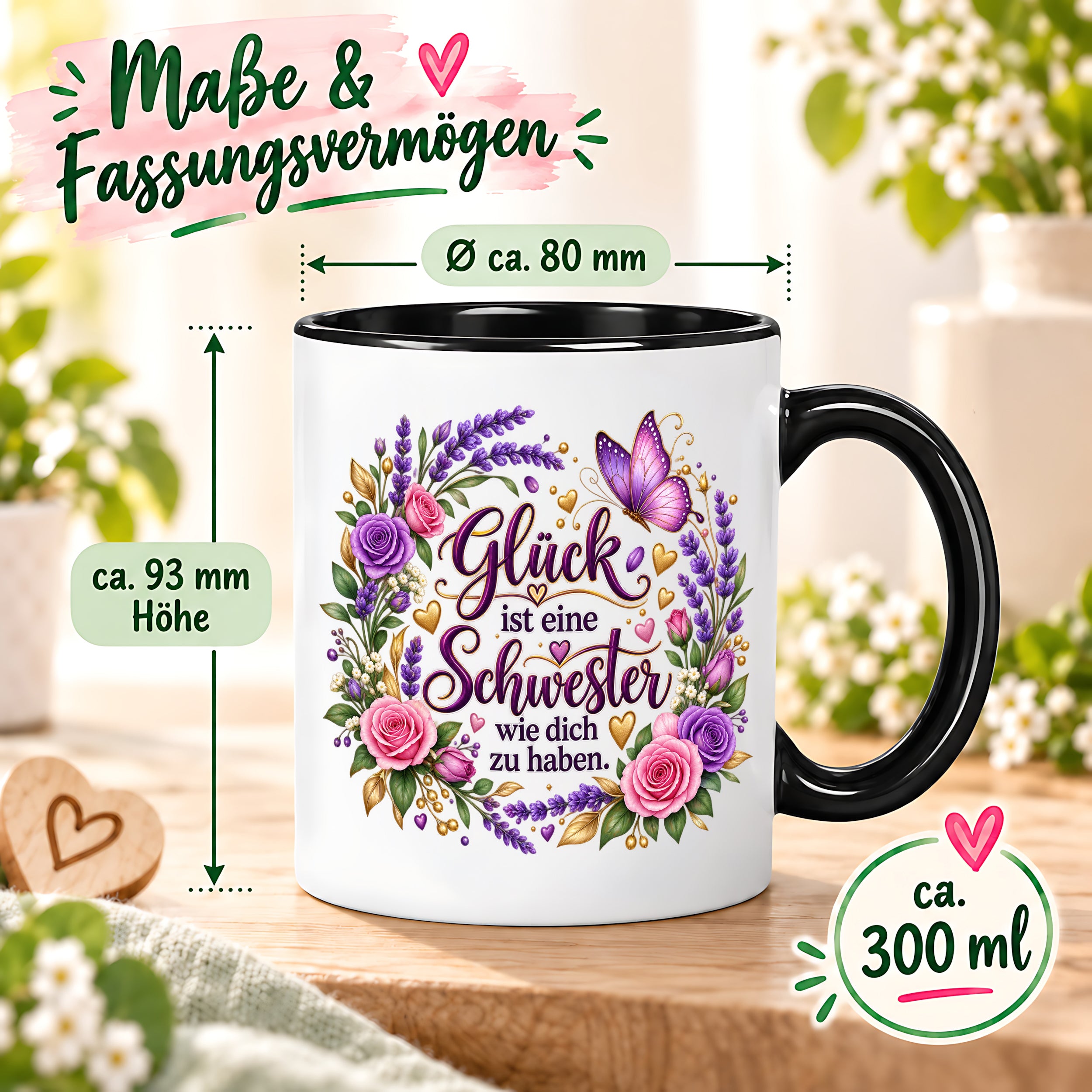 Herzbotschaft Tasse für Schwester, Glück ist eine Schwester wie dich zu haben, liebevolles Schwester Geschenk mit Rosen Lavendel und Schmetterling, Geschenk für beste Schwester zum Geburtstag, Weihnachten oder einfach so, 330 ml Keramiktasse