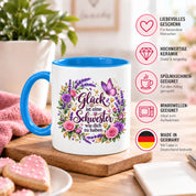 Herzbotschaft Tasse für Schwester, Glück ist eine Schwester wie dich zu haben, liebevolles Schwester Geschenk mit Rosen Lavendel und Schmetterling, Geschenk für beste Schwester zum Geburtstag, Weihnachten oder einfach so, 330 ml Keramiktasse