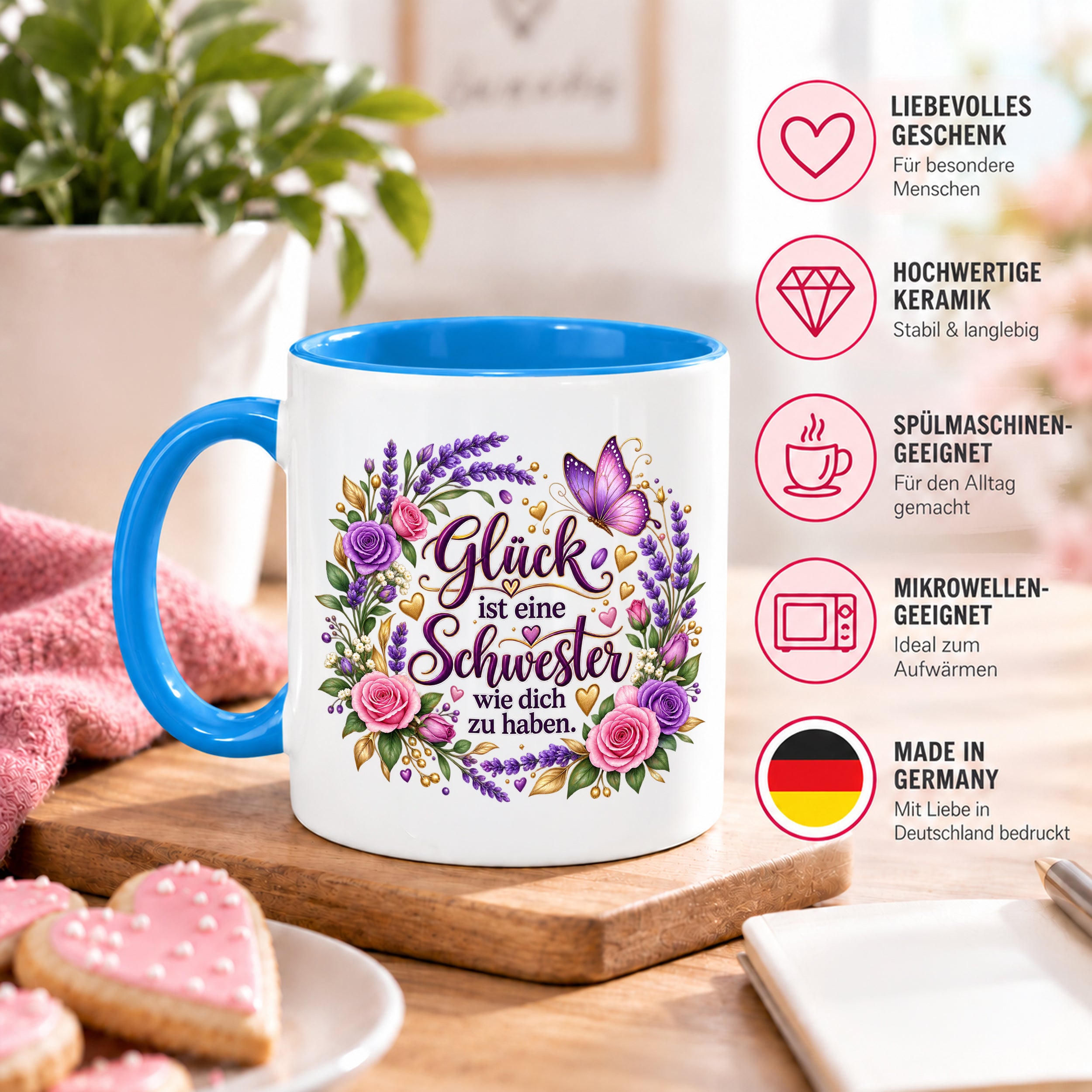 Herzbotschaft Tasse für Schwester, Glück ist eine Schwester wie dich zu haben, liebevolles Schwester Geschenk mit Rosen Lavendel und Schmetterling, Geschenk für beste Schwester zum Geburtstag, Weihnachten oder einfach so, 330 ml Keramiktasse