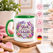 Herzbotschaft Tasse für Schwester, Glück ist eine Schwester wie dich zu haben, liebevolles Schwester Geschenk mit Rosen Lavendel und Schmetterling, Geschenk für beste Schwester zum Geburtstag, Weihnachten oder einfach so, 330 ml Keramiktasse