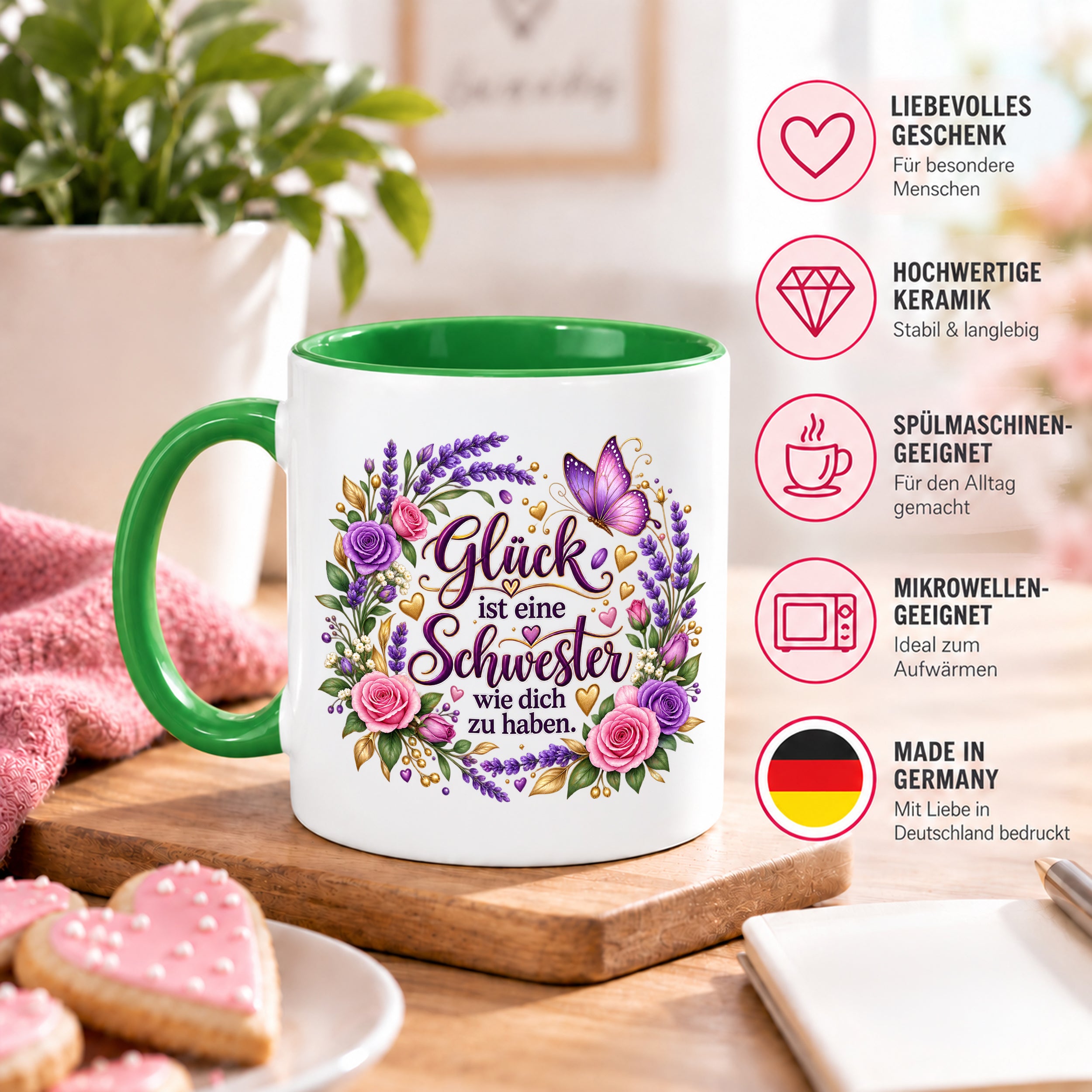 Herzbotschaft Tasse für Schwester, Glück ist eine Schwester wie dich zu haben, liebevolles Schwester Geschenk mit Rosen Lavendel und Schmetterling, Geschenk für beste Schwester zum Geburtstag, Weihnachten oder einfach so, 330 ml Keramiktasse