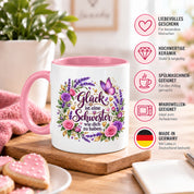 Herzbotschaft Tasse für Schwester, Glück ist eine Schwester wie dich zu haben, liebevolles Schwester Geschenk mit Rosen Lavendel und Schmetterling, Geschenk für beste Schwester zum Geburtstag, Weihnachten oder einfach so, 330 ml Keramiktasse
