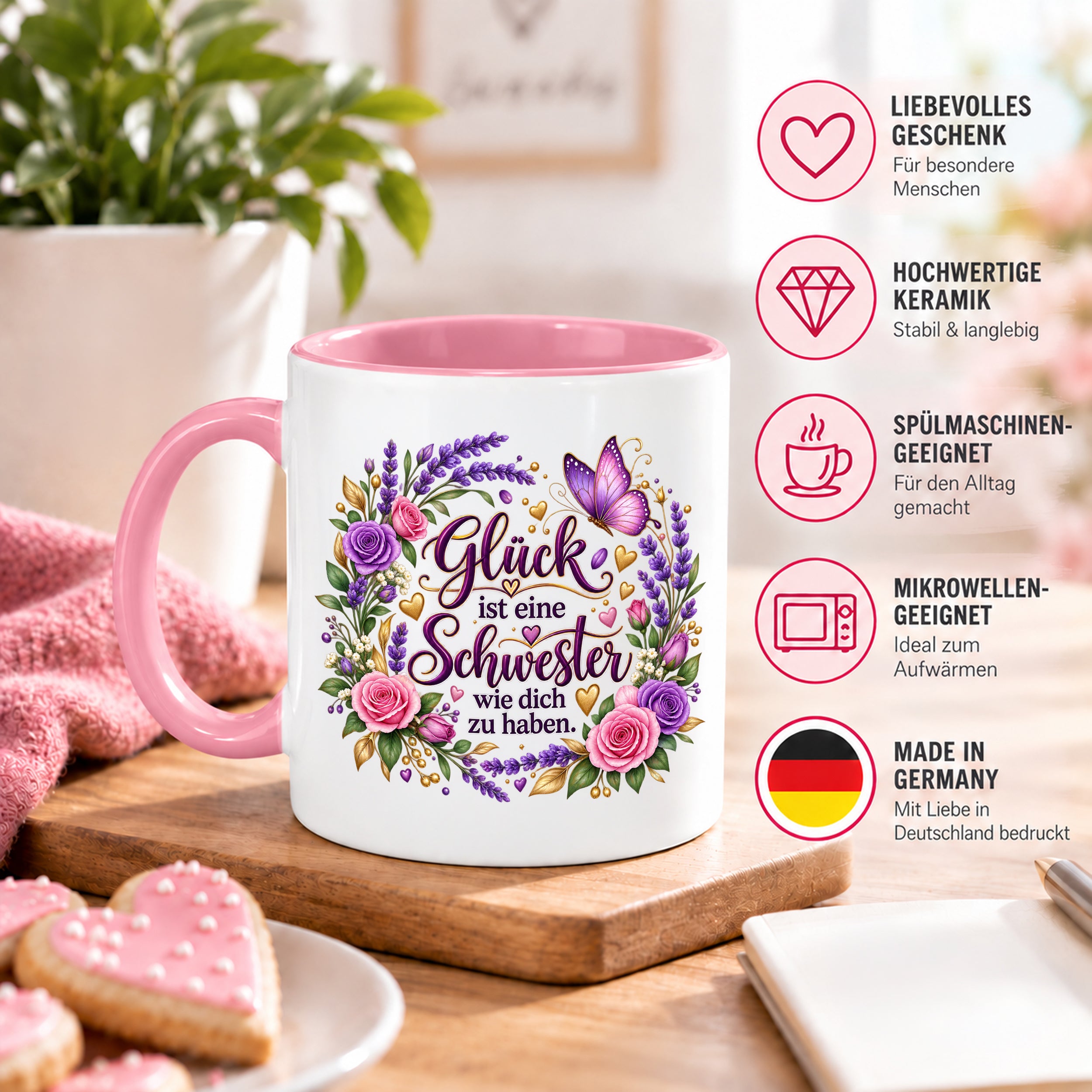 Herzbotschaft Tasse für Schwester, Glück ist eine Schwester wie dich zu haben, liebevolles Schwester Geschenk mit Rosen Lavendel und Schmetterling, Geschenk für beste Schwester zum Geburtstag, Weihnachten oder einfach so, 330 ml Keramiktasse