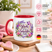 Herzbotschaft Tasse für Schwester, Glück ist eine Schwester wie dich zu haben, liebevolles Schwester Geschenk mit Rosen Lavendel und Schmetterling, Geschenk für beste Schwester zum Geburtstag, Weihnachten oder einfach so, 330 ml Keramiktasse