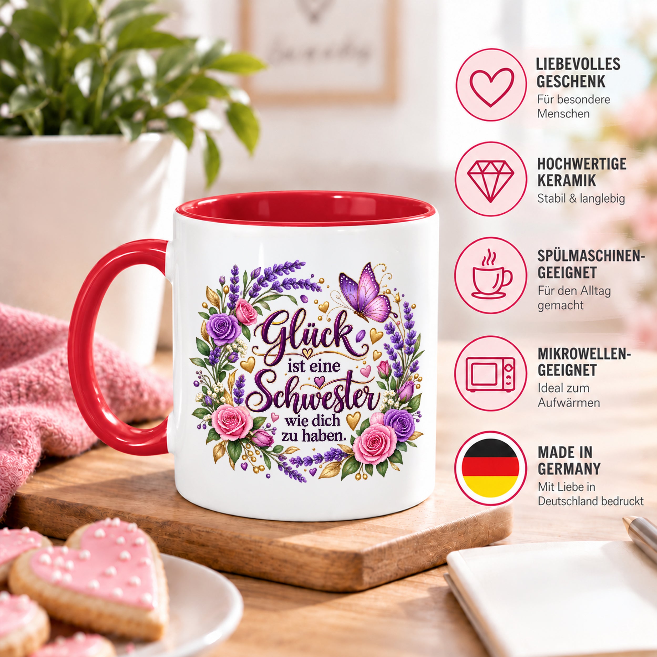 Herzbotschaft Tasse für Schwester, Glück ist eine Schwester wie dich zu haben, liebevolles Schwester Geschenk mit Rosen Lavendel und Schmetterling, Geschenk für beste Schwester zum Geburtstag, Weihnachten oder einfach so, 330 ml Keramiktasse