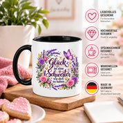 Herzbotschaft Tasse für Schwester, Glück ist eine Schwester wie dich zu haben, liebevolles Schwester Geschenk mit Rosen Lavendel und Schmetterling, Geschenk für beste Schwester zum Geburtstag, Weihnachten oder einfach so, 330 ml Keramiktasse
