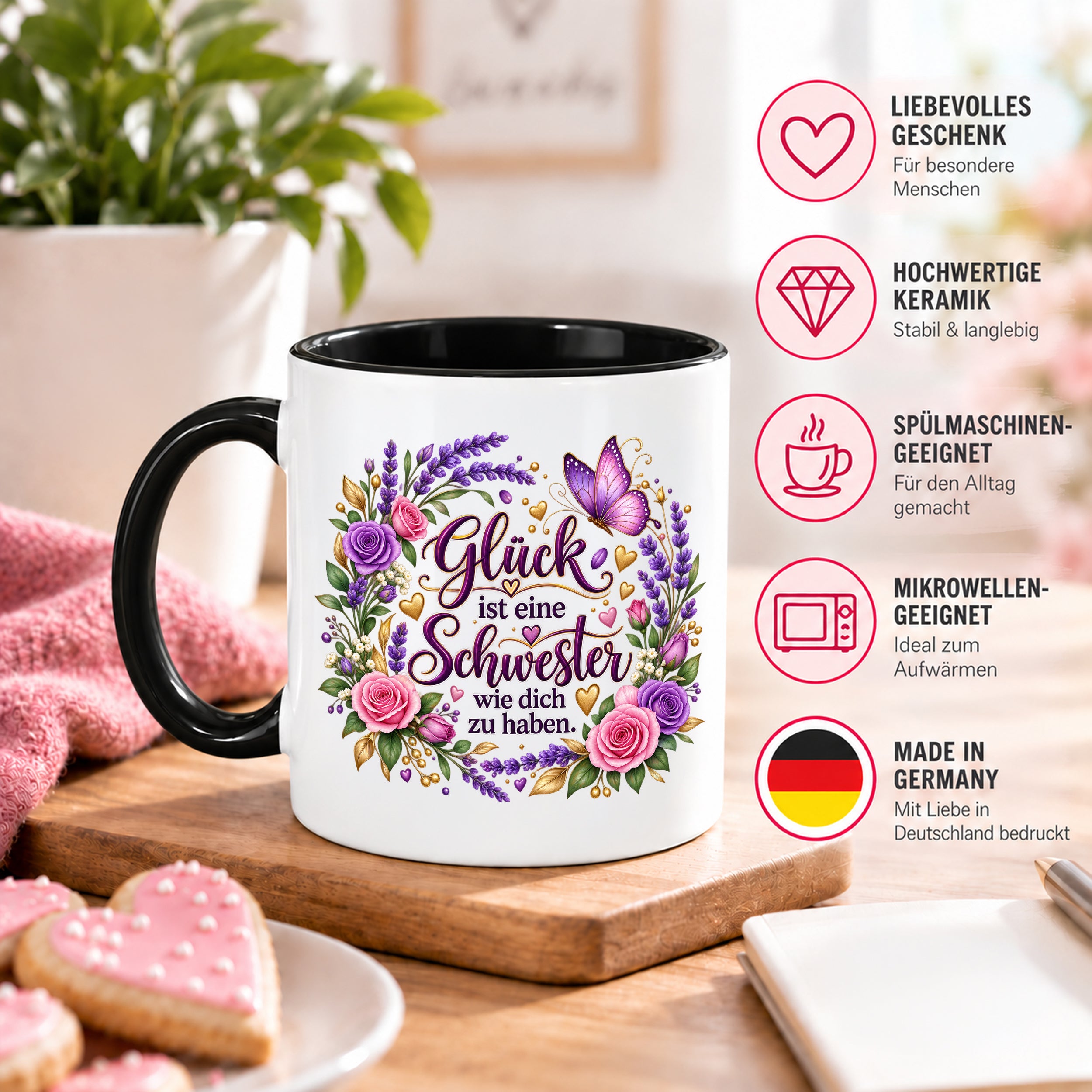 Herzbotschaft Tasse für Schwester, Glück ist eine Schwester wie dich zu haben, liebevolles Schwester Geschenk mit Rosen Lavendel und Schmetterling, Geschenk für beste Schwester zum Geburtstag, Weihnachten oder einfach so, 330 ml Keramiktasse