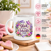 Herzbotschaft Tasse für Schwester, Glück ist eine Schwester wie dich zu haben, liebevolles Schwester Geschenk mit Rosen Lavendel und Schmetterling, Geschenk für beste Schwester zum Geburtstag, Weihnachten oder einfach so, 330 ml Keramiktasse