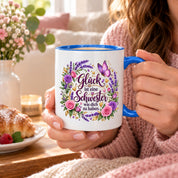 Herzbotschaft Tasse für Schwester, Glück ist eine Schwester wie dich zu haben, liebevolles Schwester Geschenk mit Rosen Lavendel und Schmetterling, Geschenk für beste Schwester zum Geburtstag, Weihnachten oder einfach so, 330 ml Keramiktasse