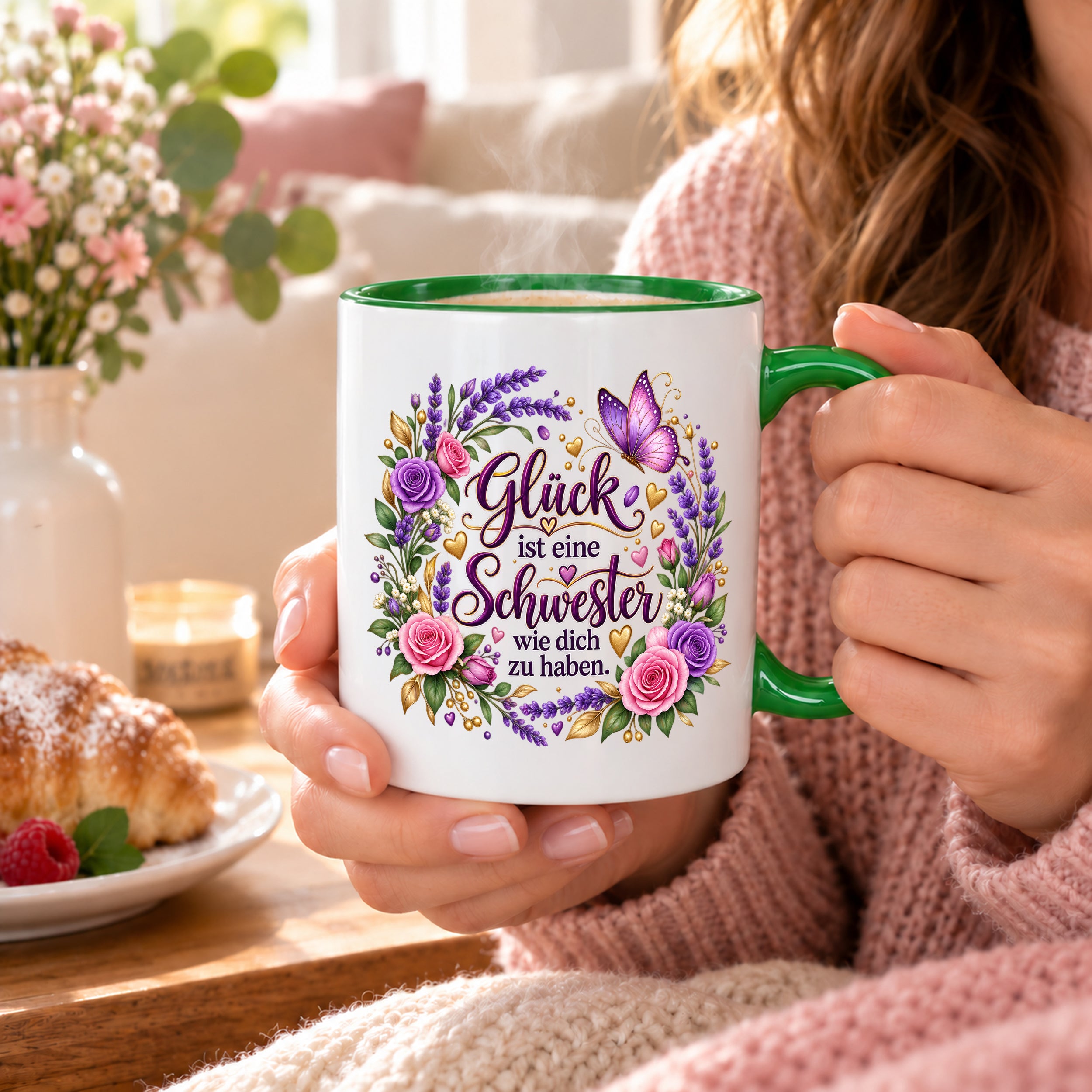 Herzbotschaft Tasse für Schwester, Glück ist eine Schwester wie dich zu haben, liebevolles Schwester Geschenk mit Rosen Lavendel und Schmetterling, Geschenk für beste Schwester zum Geburtstag, Weihnachten oder einfach so, 330 ml Keramiktasse