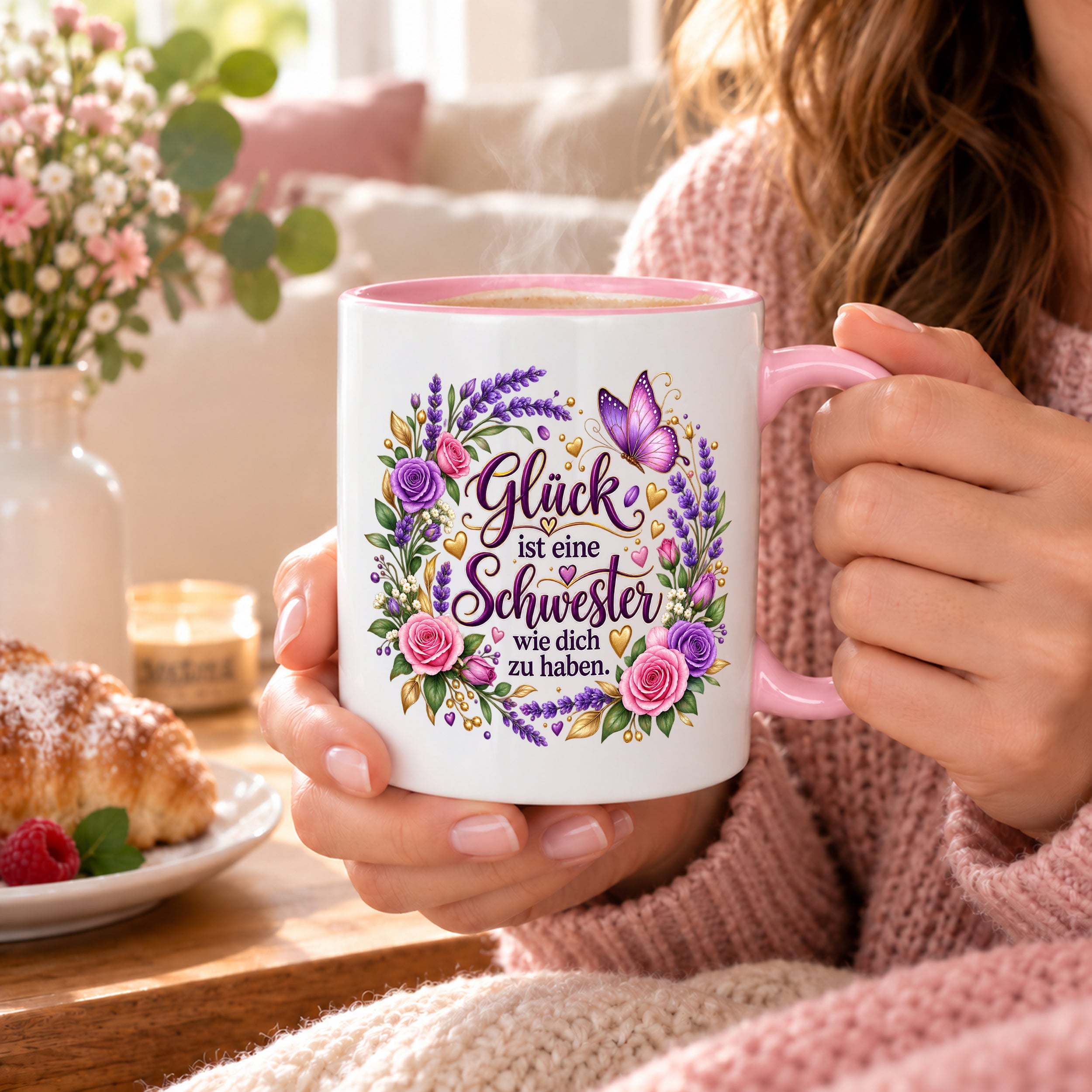 Herzbotschaft Tasse für Schwester, Glück ist eine Schwester wie dich zu haben, liebevolles Schwester Geschenk mit Rosen Lavendel und Schmetterling, Geschenk für beste Schwester zum Geburtstag, Weihnachten oder einfach so, 330 ml Keramiktasse