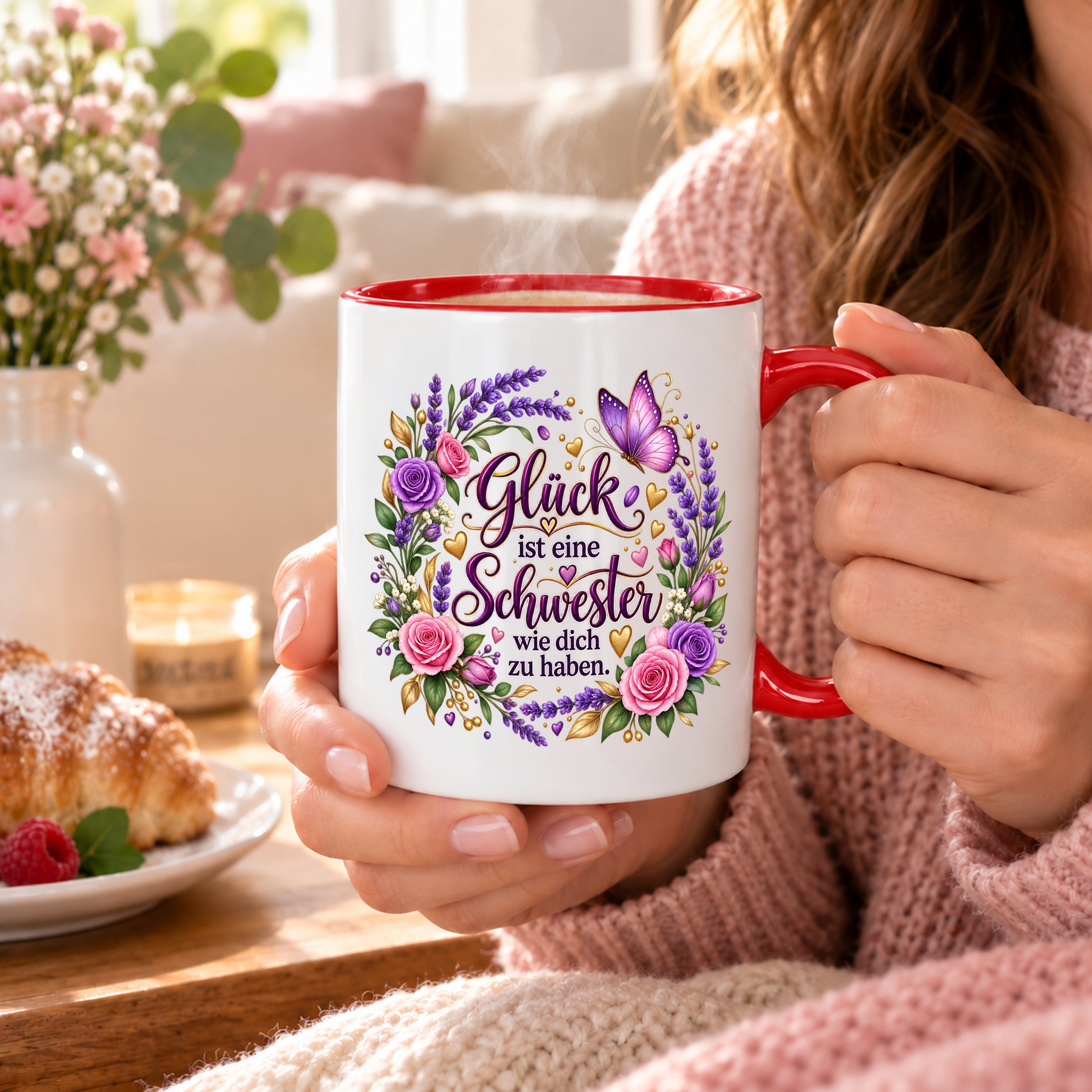 Herzbotschaft Tasse für Schwester, Glück ist eine Schwester wie dich zu haben, liebevolles Schwester Geschenk mit Rosen Lavendel und Schmetterling, Geschenk für beste Schwester zum Geburtstag, Weihnachten oder einfach so, 330 ml Keramiktasse