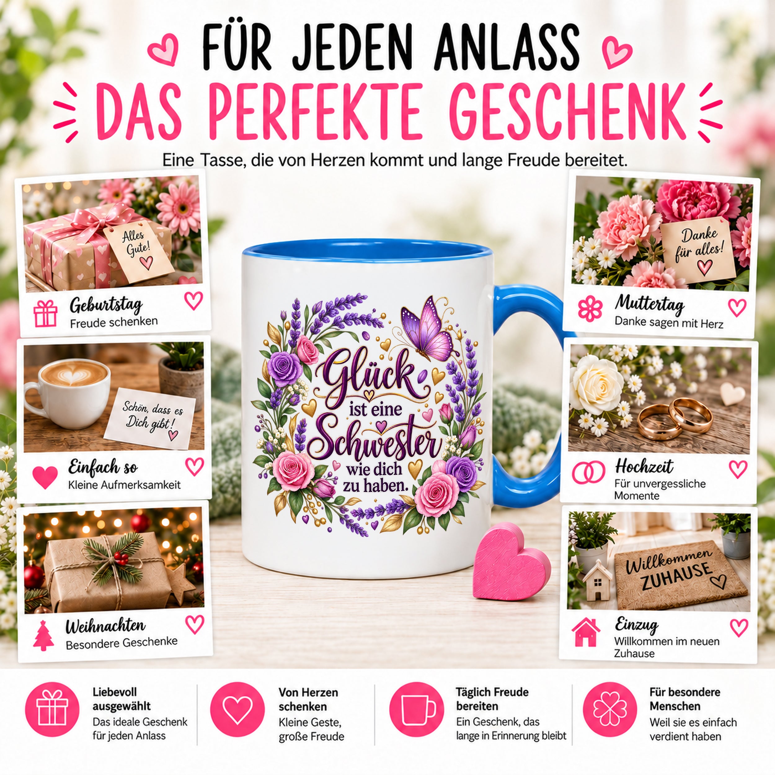 Herzbotschaft Tasse für Schwester, Glück ist eine Schwester wie dich zu haben, liebevolles Schwester Geschenk mit Rosen Lavendel und Schmetterling, Geschenk für beste Schwester zum Geburtstag, Weihnachten oder einfach so, 330 ml Keramiktasse
