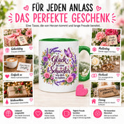 Herzbotschaft Tasse für Schwester, Glück ist eine Schwester wie dich zu haben, liebevolles Schwester Geschenk mit Rosen Lavendel und Schmetterling, Geschenk für beste Schwester zum Geburtstag, Weihnachten oder einfach so, 330 ml Keramiktasse