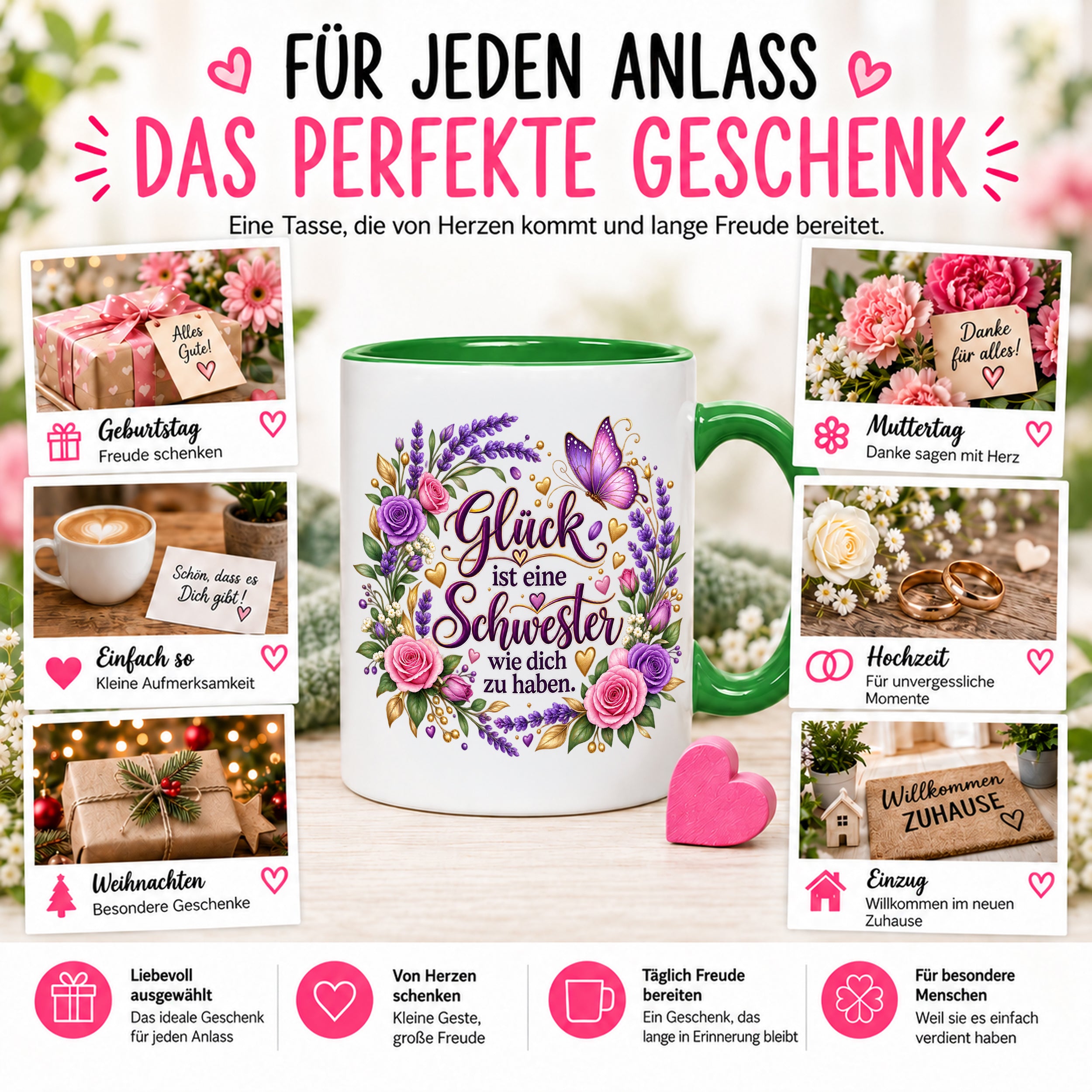 Herzbotschaft Tasse für Schwester, Glück ist eine Schwester wie dich zu haben, liebevolles Schwester Geschenk mit Rosen Lavendel und Schmetterling, Geschenk für beste Schwester zum Geburtstag, Weihnachten oder einfach so, 330 ml Keramiktasse