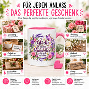 Herzbotschaft Tasse für Schwester, Glück ist eine Schwester wie dich zu haben, liebevolles Schwester Geschenk mit Rosen Lavendel und Schmetterling, Geschenk für beste Schwester zum Geburtstag, Weihnachten oder einfach so, 330 ml Keramiktasse