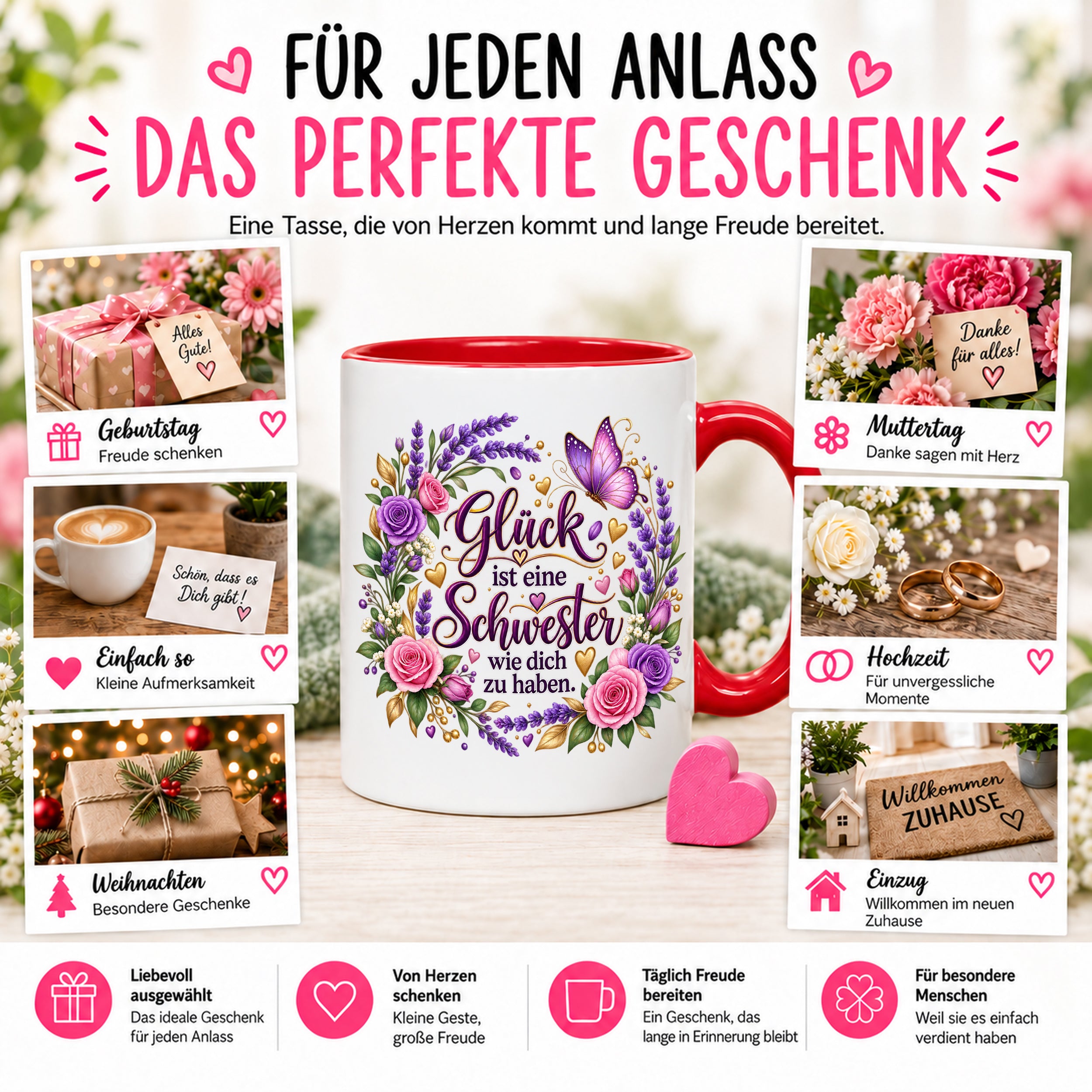 Herzbotschaft Tasse für Schwester, Glück ist eine Schwester wie dich zu haben, liebevolles Schwester Geschenk mit Rosen Lavendel und Schmetterling, Geschenk für beste Schwester zum Geburtstag, Weihnachten oder einfach so, 330 ml Keramiktasse
