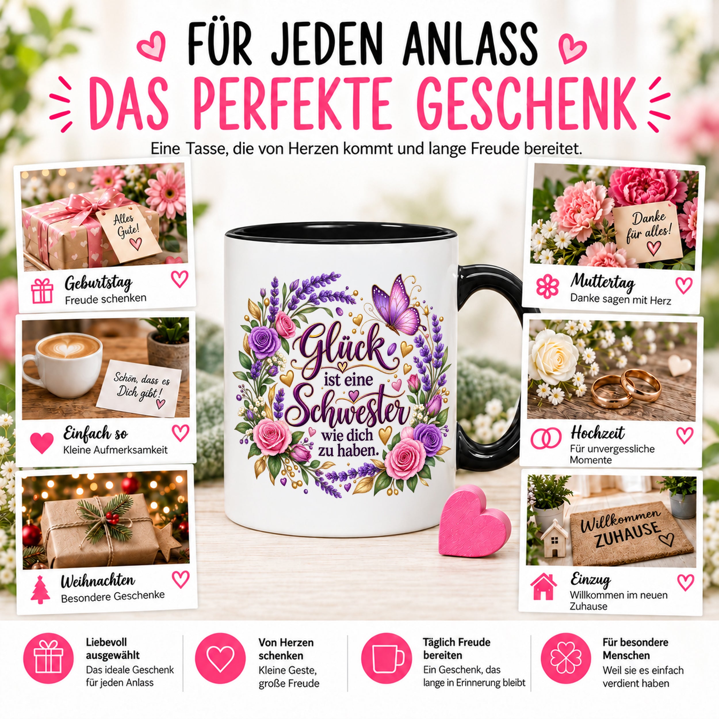 Herzbotschaft Tasse für Schwester, Glück ist eine Schwester wie dich zu haben, liebevolles Schwester Geschenk mit Rosen Lavendel und Schmetterling, Geschenk für beste Schwester zum Geburtstag, Weihnachten oder einfach so, 330 ml Keramiktasse