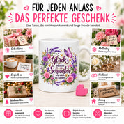 Herzbotschaft Tasse für Schwester, Glück ist eine Schwester wie dich zu haben, liebevolles Schwester Geschenk mit Rosen Lavendel und Schmetterling, Geschenk für beste Schwester zum Geburtstag, Weihnachten oder einfach so, 330 ml Keramiktasse