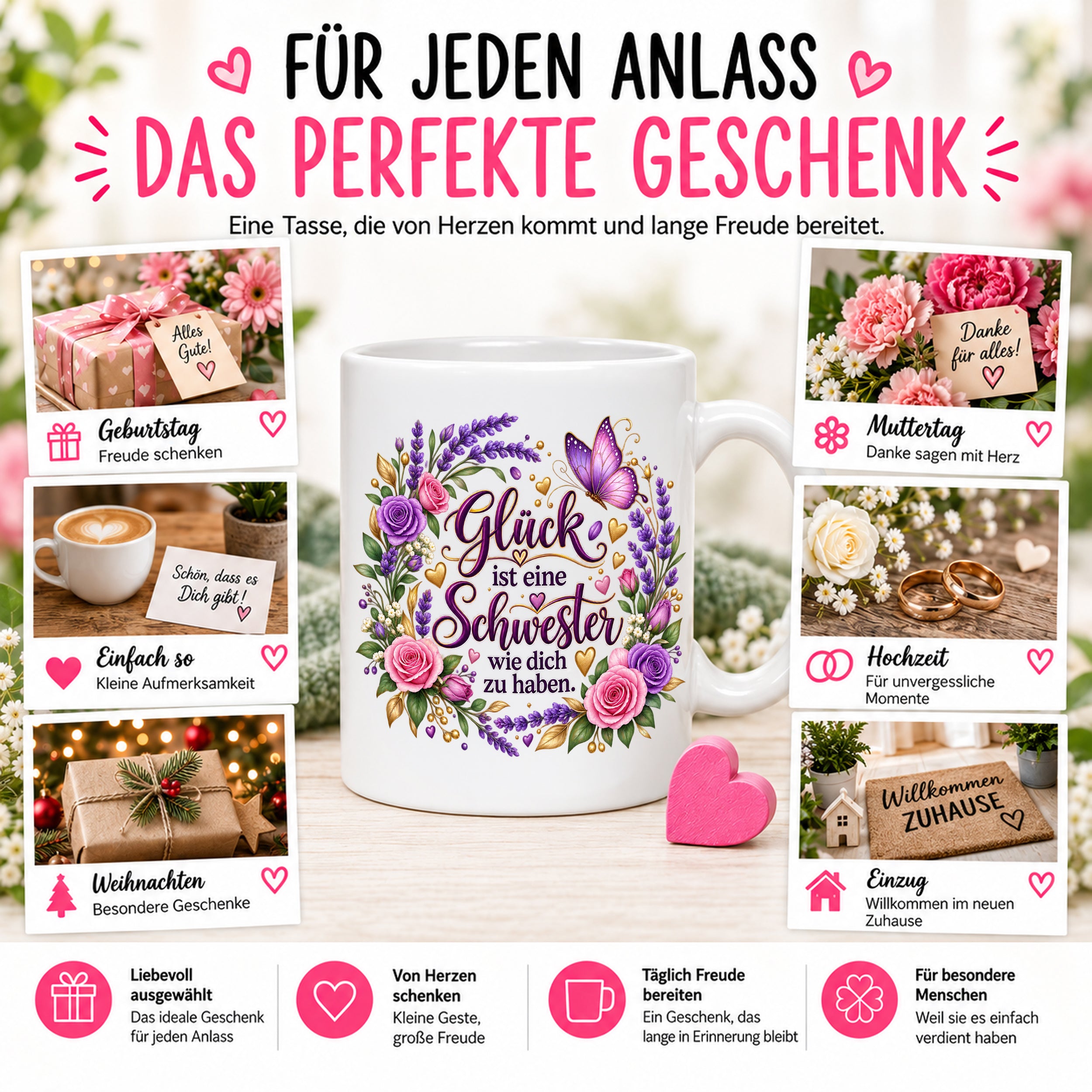 Herzbotschaft Tasse für Schwester, Glück ist eine Schwester wie dich zu haben, liebevolles Schwester Geschenk mit Rosen Lavendel und Schmetterling, Geschenk für beste Schwester zum Geburtstag, Weihnachten oder einfach so, 330 ml Keramiktasse