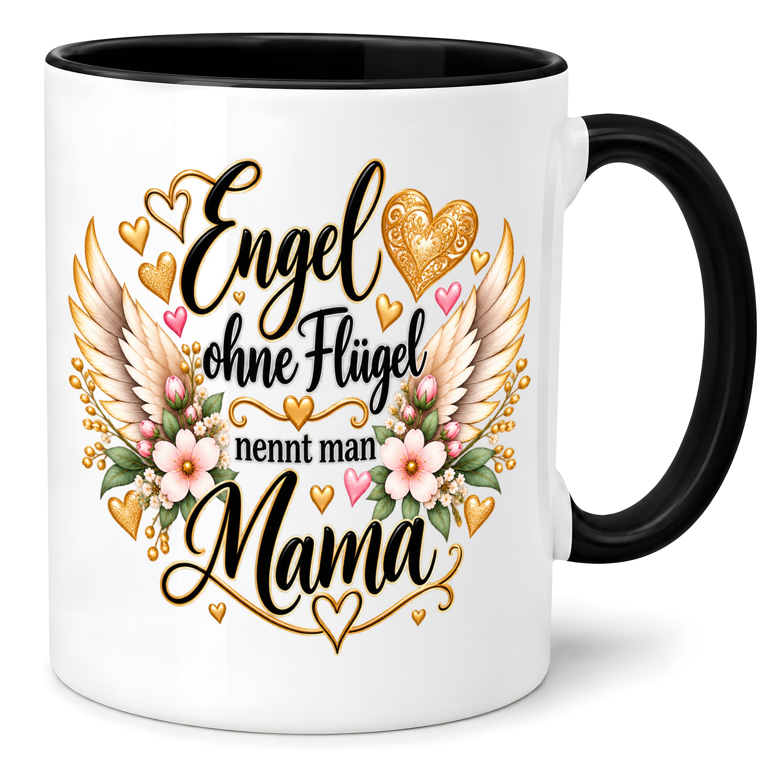 Herzbotschaft Tasse für Mama, Engel ohne Flügel nennt man Mama, liebevolles Geschenk für Mutter mit Engelsflügeln, Geschenkidee zum Muttertag, Geburtstag, Weihnachten oder einfach so, 330 ml Keramiktasse
