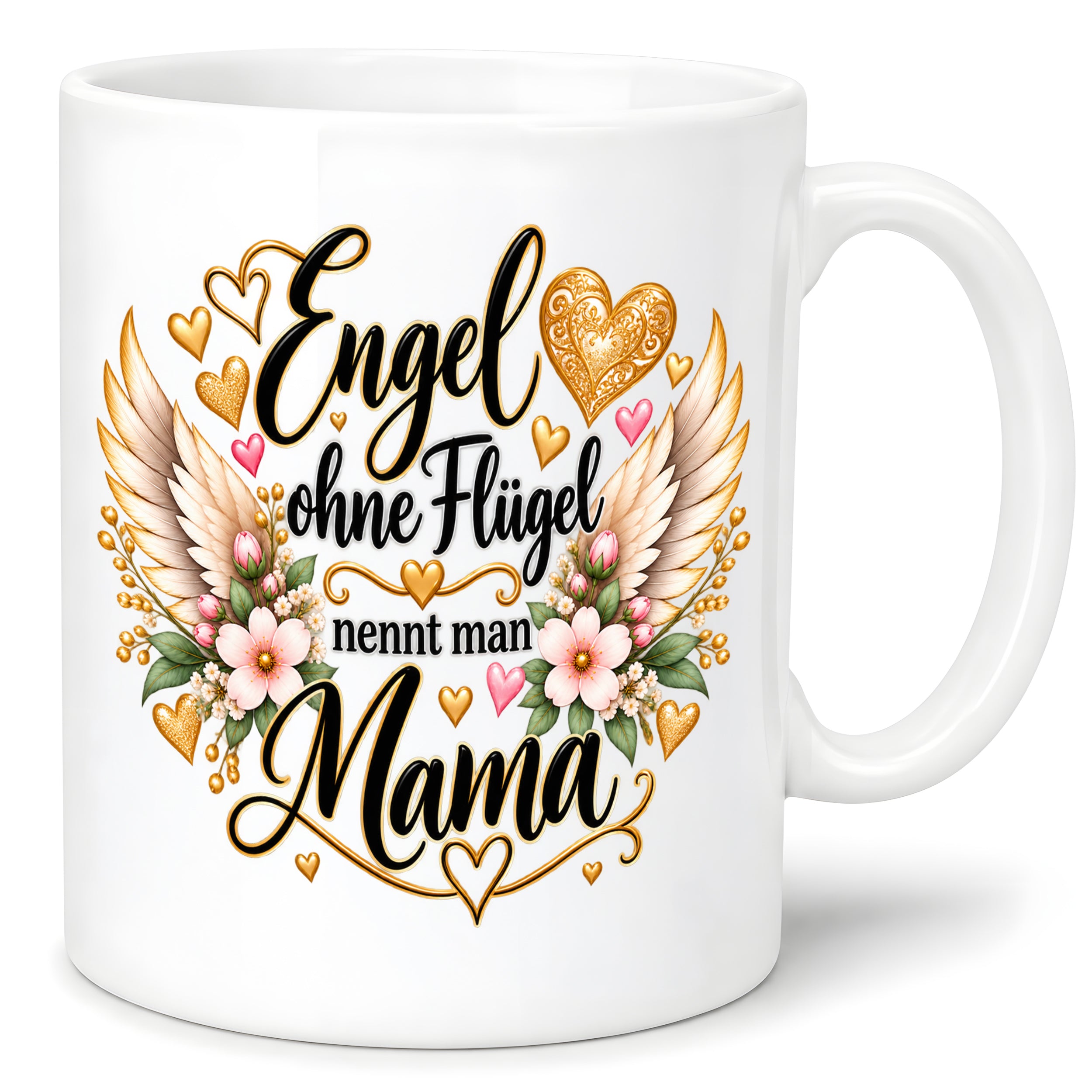 Herzbotschaft Tasse für Mama, Engel ohne Flügel nennt man Mama, liebevolles Geschenk für Mutter mit Engelsflügeln, Geschenkidee zum Muttertag, Geburtstag, Weihnachten oder einfach so, 330 ml Keramiktasse