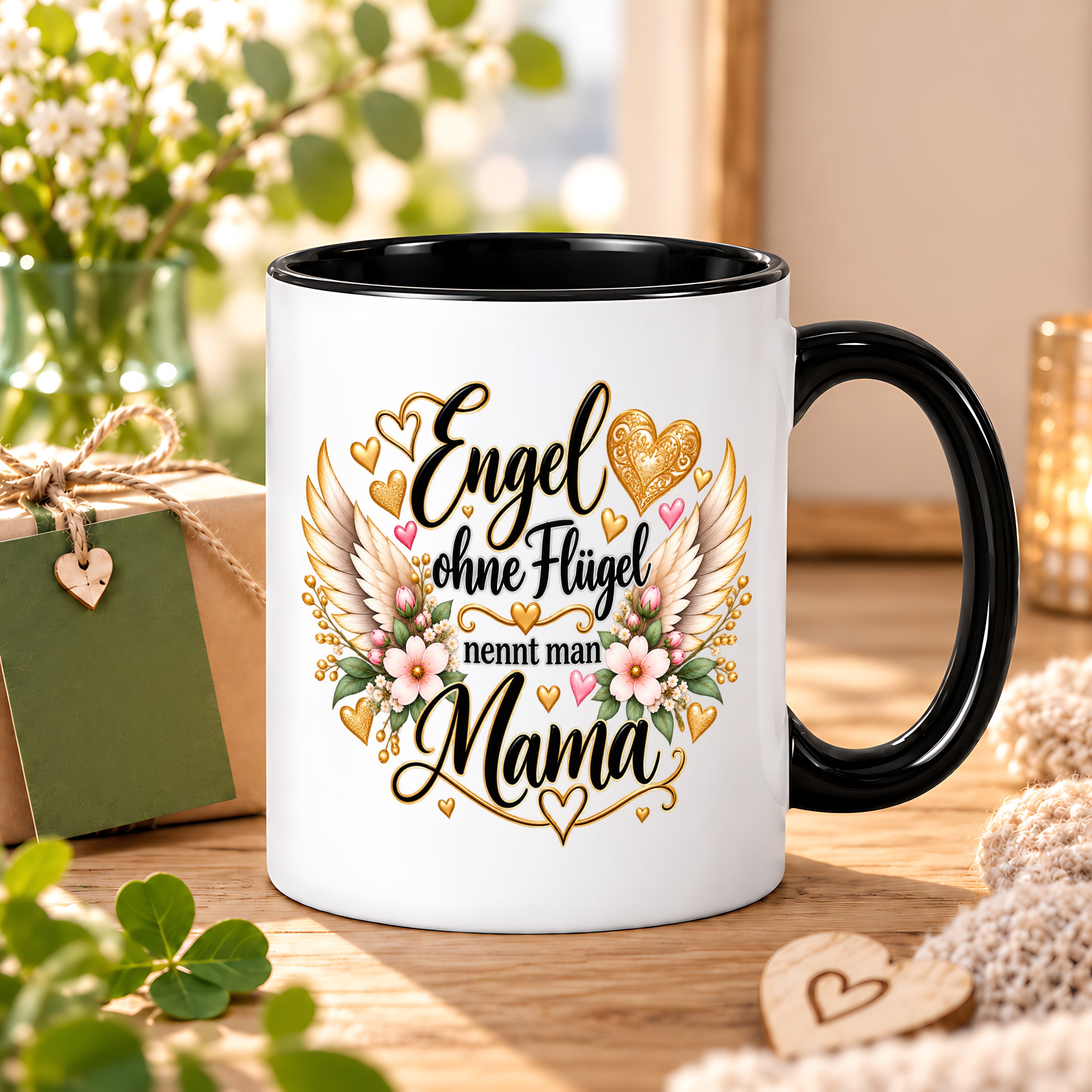 Herzbotschaft Tasse für Mama, Engel ohne Flügel nennt man Mama, liebevolles Geschenk für Mutter mit Engelsflügeln, Geschenkidee zum Muttertag, Geburtstag, Weihnachten oder einfach so, 330 ml Keramiktasse