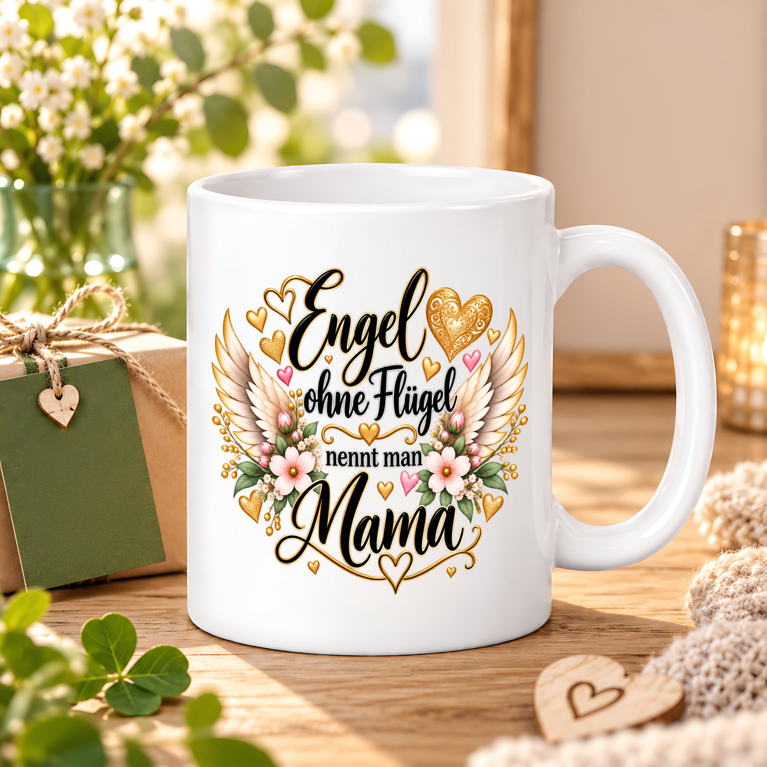 Herzbotschaft Tasse für Mama, Engel ohne Flügel nennt man Mama, liebevolles Geschenk für Mutter mit Engelsflügeln, Geschenkidee zum Muttertag, Geburtstag, Weihnachten oder einfach so, 330 ml Keramiktasse